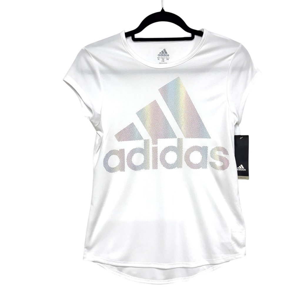 Adidas Girl's Size XL (16), Short Sleeve White w Rainbow Foil Logo T-Shirt NEW